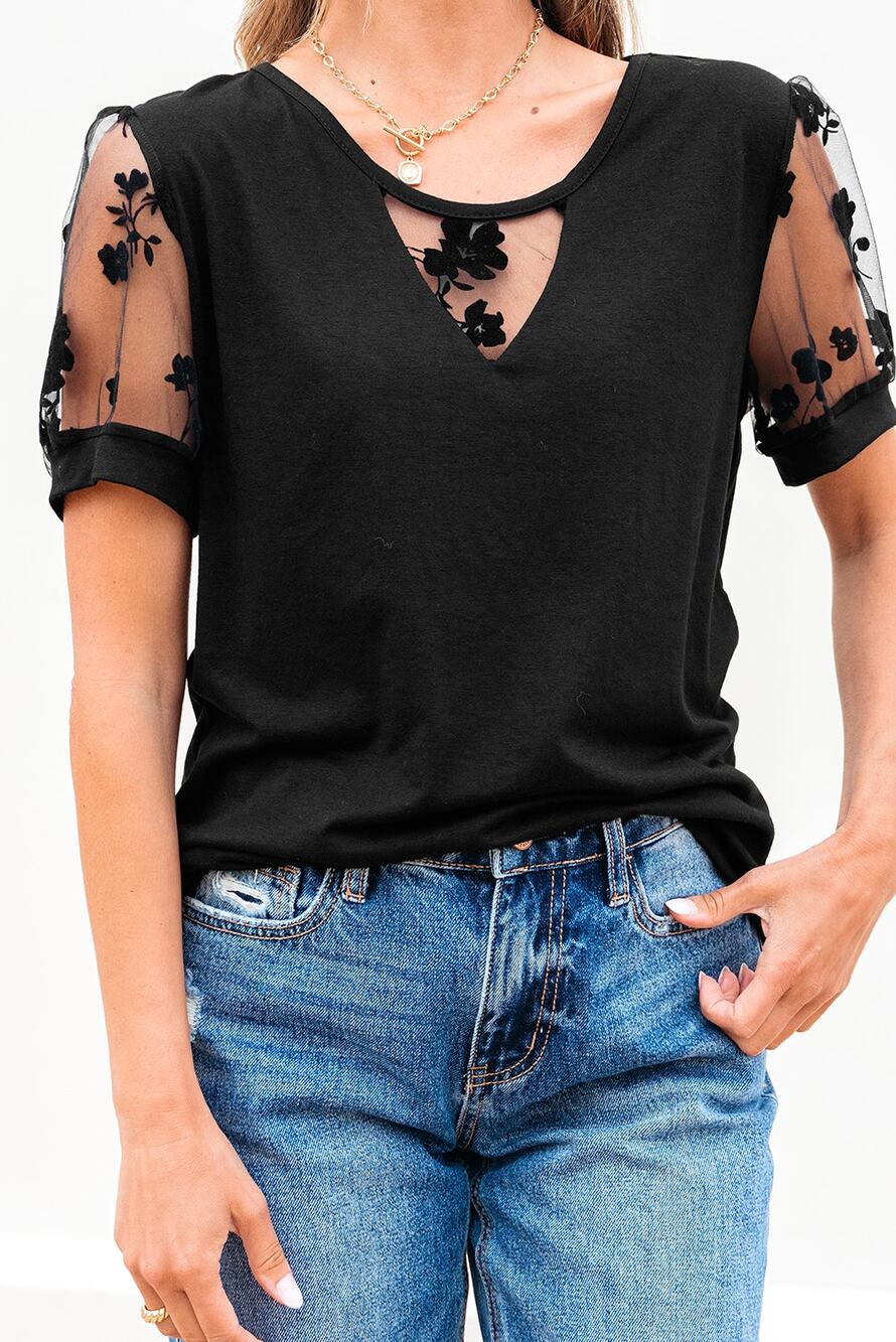 New Black Flora Lace Patchwork Crew Neck Top Size Small